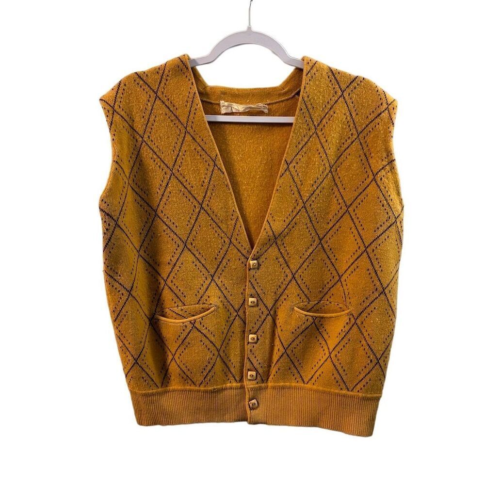 Vintage Argyle Knit Sweater Vest Yellow Size L
